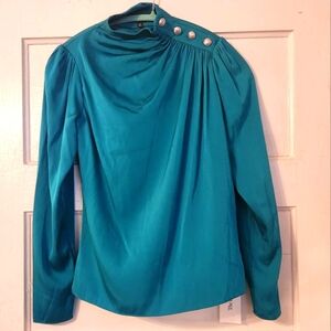 INTERMIX Blouse, Monica Draped Teal Blue Green Silk, Gold Buttons, Size 0, NWOT